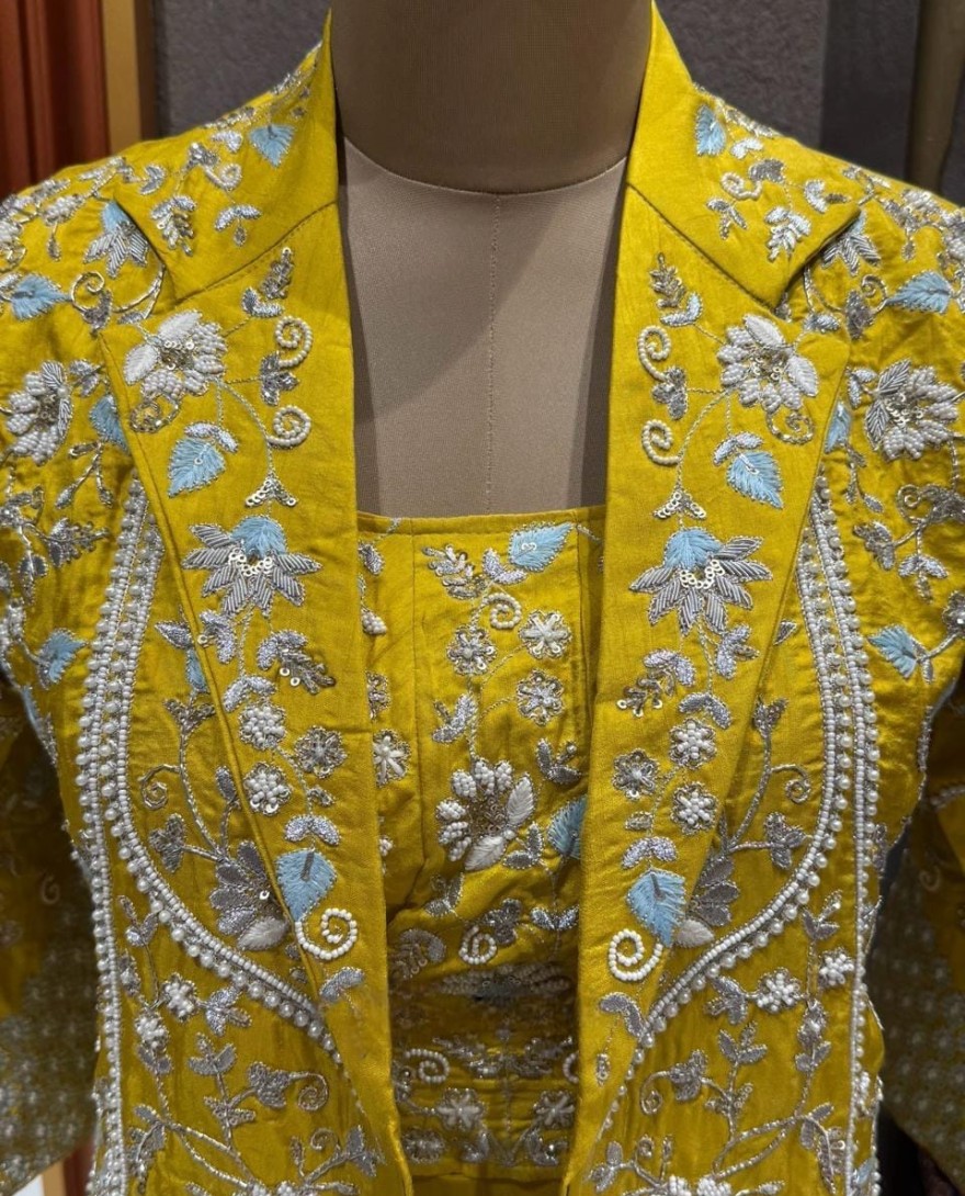 YELLOW - Pure Dola Silk Ready To Wear Blouse With Attached Lining And Beautiful Resham Thread Foil Zari Sequence Cutdana And Pearl Work